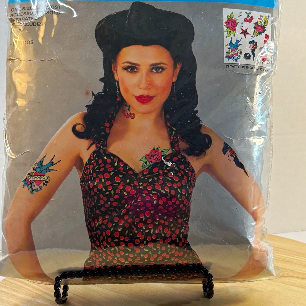 Fabulous 50s 1950s Retro Pin-Up Costume Set Wig Top Temporary Tattoos One Size